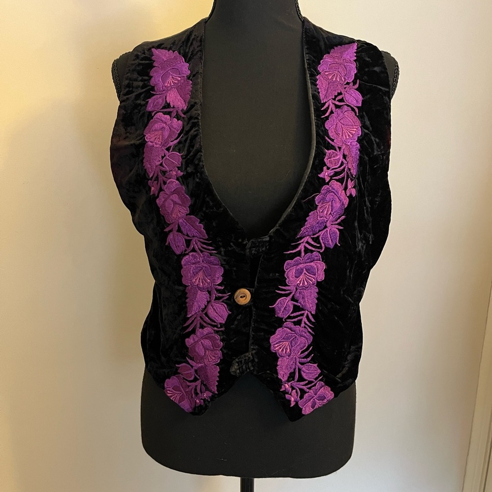 Black Velvet Vest with Purple Floral Embroidery